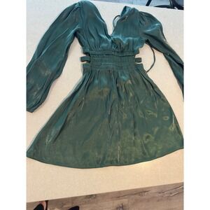 Heart & Heels Green Metallic‎ Ruched Cutout V Neck Long Sleeve Mini Dress Size S